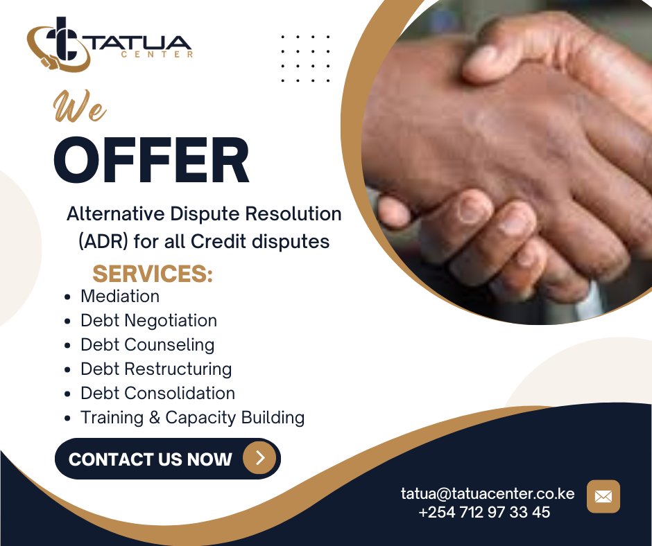 TatuaCenter's tweet photo. At Tatua Center, we offer alternative dispute resolution for all credit-related disputes. Contact us now for an amicable resolution https://t.co/mF3IOfkByM