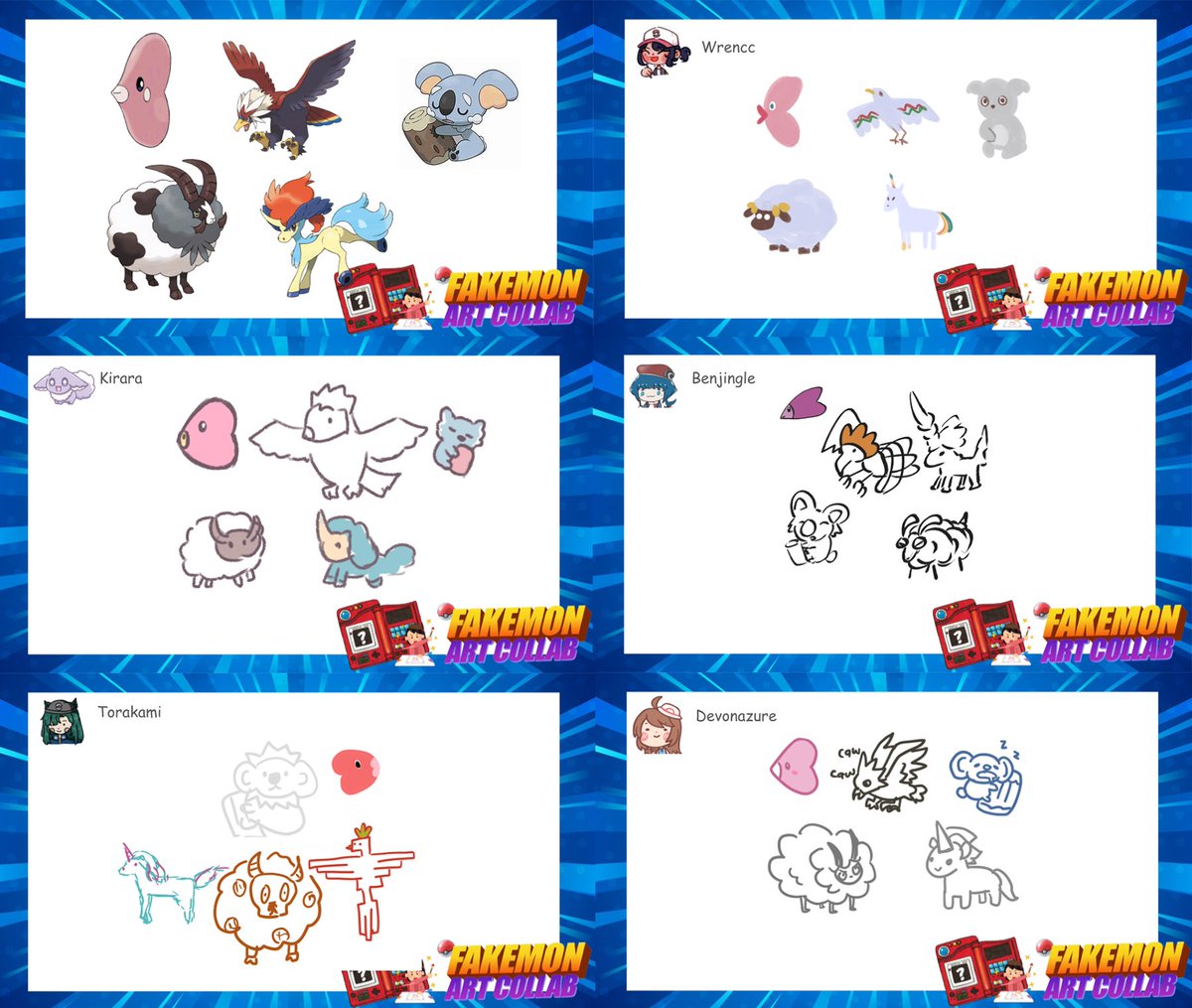 Fakemon evolutions art collab stream results with <a href="/benjingle_/">benjingle鯊魚</a> <a href="/SimplyWrencc/">Wrencc 🔧🍀</a> <a href="/LilianaKirara/">Kirara @Doujima L40 | Comifuro 22 K-18 | AFACSF</a> <a href="/2torakami/">Torakami</a> ! This was super fun to do, please check out everyone's work here! 😆🎉

and second pic is our attempts to draw some Pokemon from memory, pls exucuse that Braviary and Kaldeo🤣