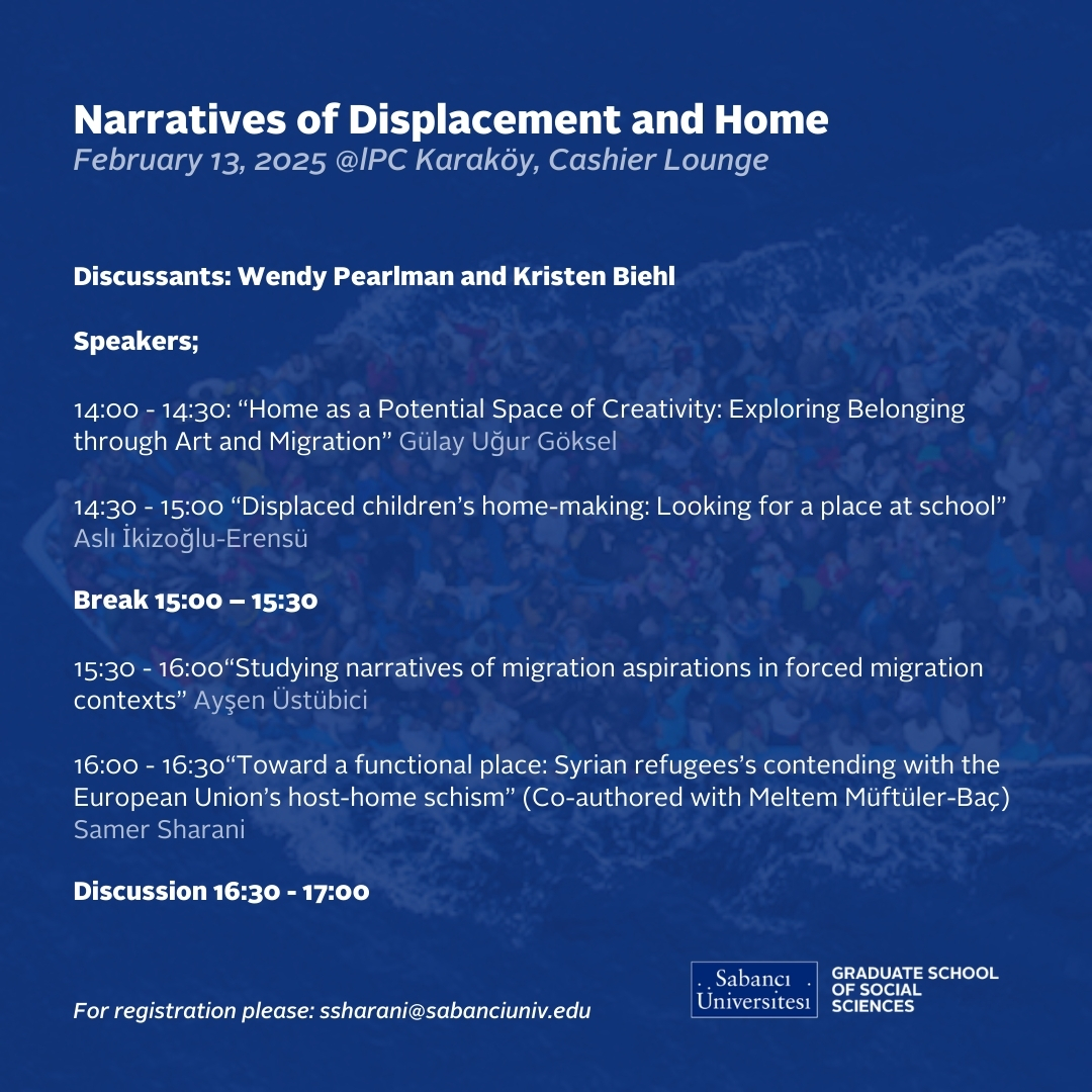 Samer SHarani (@ssharani3) on Twitter photo A workshop on the concepts of home, narrative, and displacement will be held at Istanbul Policy Center <a href="/ipc_ipm/">Istanbul Policy Center</a> on 13 Feb 2025 with Wendy Pearlman.
For registration, please email ssharani@sabanciuniv.edu A workshop on the concepts of home, narrative, and displacement will be held at Istanbul Policy Center <a href="/ipc_ipm/">Istanbul Policy Center</a> on 13 Feb 2025 with Wendy Pearlman.
For registration, please email ssharani@sabanciuniv.edu