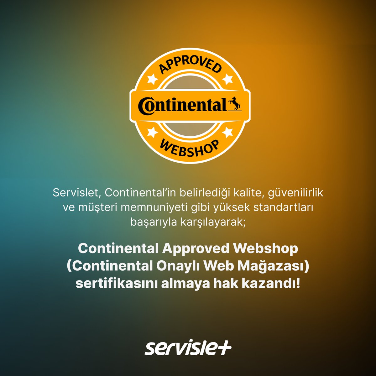 Servislet olarak, Continental’in kalite, güvenilirlik ve müşteri memnuniyeti gibi en yüksek standartlarını karşılayarak Continental Approved Webshop Badge (Continental Onaylı Web Mağazası Rozeti) almaya hak kazandık. 🎯