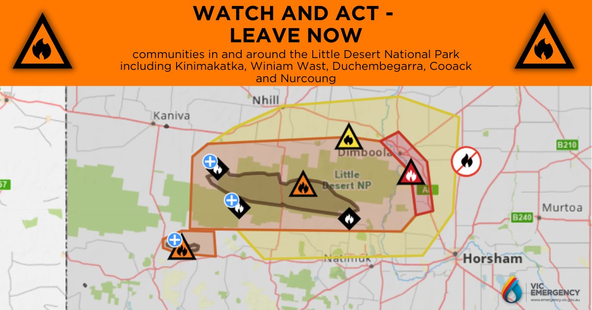 WATCH &amp; ACT for communities in and around the Little Desert National Park including Kinimakatka, Winiam Wast, Duchembegarra, Cooack and Nurcoung.

More details at emergency.vic.gov.au/respond/#!/war…

Leaving now is the safest option - conditions may change and get worse very quickly