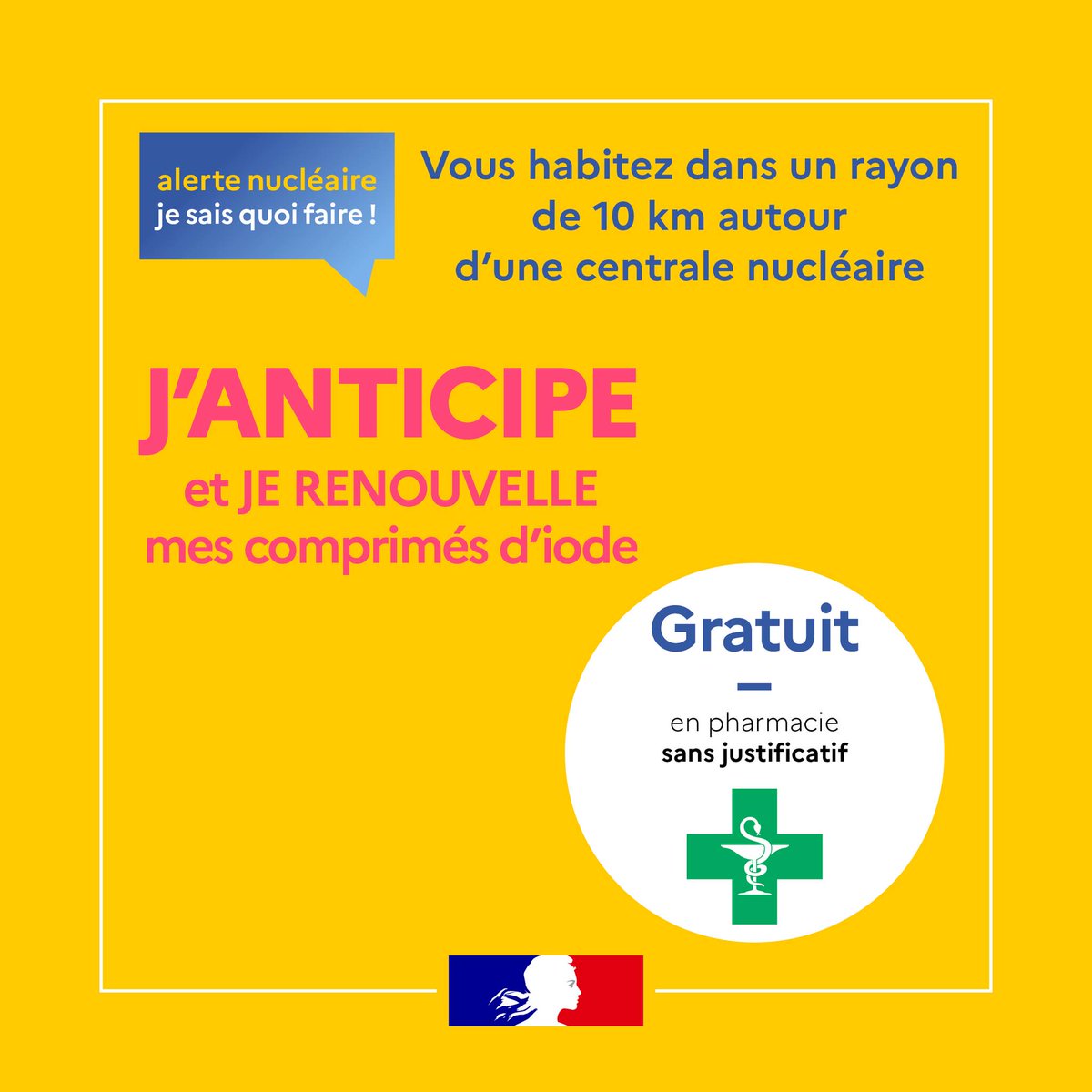 #Prévention 🩺 | J’habite près d’une centrale nucléaire. En cas d’alerte, je sais quoi faire. 💡

En cas de nécessité, le préfet peut ordonner aux personnes situées à proximité de la centrale de prendre de l’iode stable.

⚠️ Cet iode stable est un médicament. Il ne doit être pris
