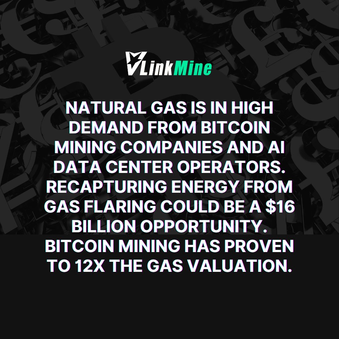 LinkMineCanada's tweet photo. CBECI estimates the average global power cost for Bitcoin mining is about $0.05 per kilowatt hour. In fact, the natural gas power can bring the kilowatt-hour cost to below $0.018. Interest has grown in diverting flared gas to cryptocurrency mining, and not just because the digital assets are growing in value.

Natural gas is in high demand from Bitcoin mining companies and AI data center operators. recapturing energy from gas flaring could be a $16 billion opportunity. Bitcoin mining has proven to 12x the gas valuation.

#GreenEnergy #CryptoMining #SustainableTech #Bitcoin #EnergyEfficiency #RenewableEnergy #CleanTech #WasteToEnergy #FlaredGas #LowCostEnergy #EcoFriendlyMining #BlockchainInnovation #SustainableMining #Gassolution #Crypto #HPC #Datacenter #MiningSolutions #FutureOfEnergy #LinkMine #Bitcoin