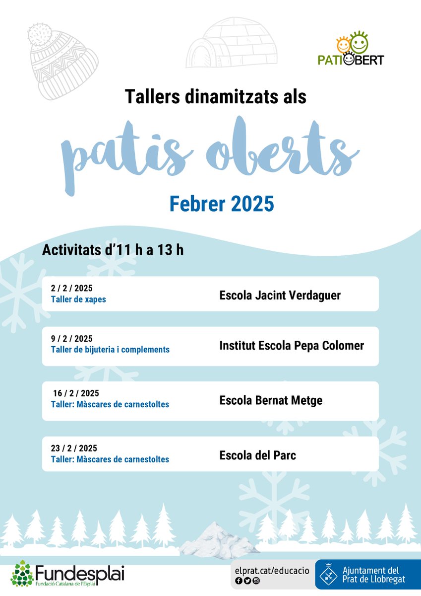 📢 Ja tenim a punt la programació del mes de febrer dels tallers dinamitzats dels Patis Oberts!

⏰D'11.00 a 13.00 h.
👨‍👩‍👧‍👧🙋‍♀️🙋‍♂️Són activitats obertes i gratuïtes adreçades a infants, joves i famílies.

✍ Apunta-te-les!

#elprateduca