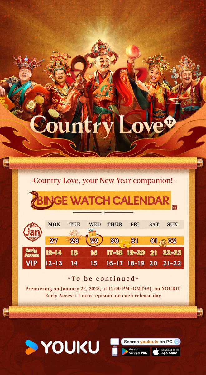 YoukuOfficial's tweet photo. #CountryLove17 Week 2 Binge-watch calendar is here! Folks, make sure to check it out! The New Year is perfect for watching Country Love. Don't miss out on the exciting episodes!
#ZhaoBenshan #TangJianjun #WangXiaoli #LiuXiaoguang #SongXiaofeng
#乡村爱情17 #赵本山 #唐鉴军 #王小利 #刘小光 #宋晓峰
#YOUKU #优酷
