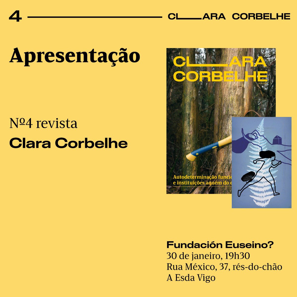 Esta quinta feira começamos com o ciclo de apresentações do n4 da revista Clara Corbelhe na <a href="/EuseinoEditores/">Euseino? Editores</a> em Vigo!💥

Não faltedes ao debate proposto polo artigo de Borxa Colmenero e <a href="/javidpablo/">Javier de Pablo</a> sobre as possibilidades para uma institucionalidade nacional galega ✊🏾