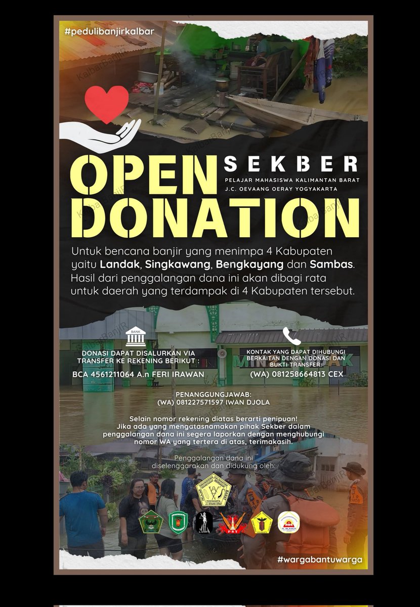 Maaf merepotkan lagi.
Kaum Muda Kalimantan dari berbagai elemen di Jogja, menggalang dana utk mmbantu Posko² Banjir di Kalbar. 

Semoga usaha mereka berbuah hasil dan bisa meringankan masy yg benar² membutuhkan bantuan. 

Cermati Poster n waspadai Penipuan🙏