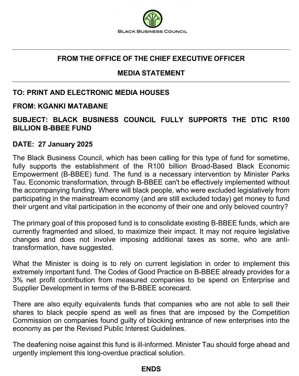 Black Business Council Fully Supports The DTIC R100 Billion B-BBEE Fund <a href="/Sakeliga/">Sakeliga</a> <a href="/DailyInvestorSA/">Daily Investor</a> <a href="/BusinessTechSA/">BusinessTech</a> <a href="/Our_DA/">Democratic Alliance</a> <a href="/City_Press/">City Press</a> <a href="/SundayWorldZA/">Sunday World News</a> <a href="/FinancialMail/">FinancialMail</a> <a href="/News24/">News24 🇿🇦</a> <a href="/BDliveSA/">Business Day</a> <a href="/DSBD_SA/">Department of Small Business Development</a> <a href="/the_dtic/">the dtic</a>