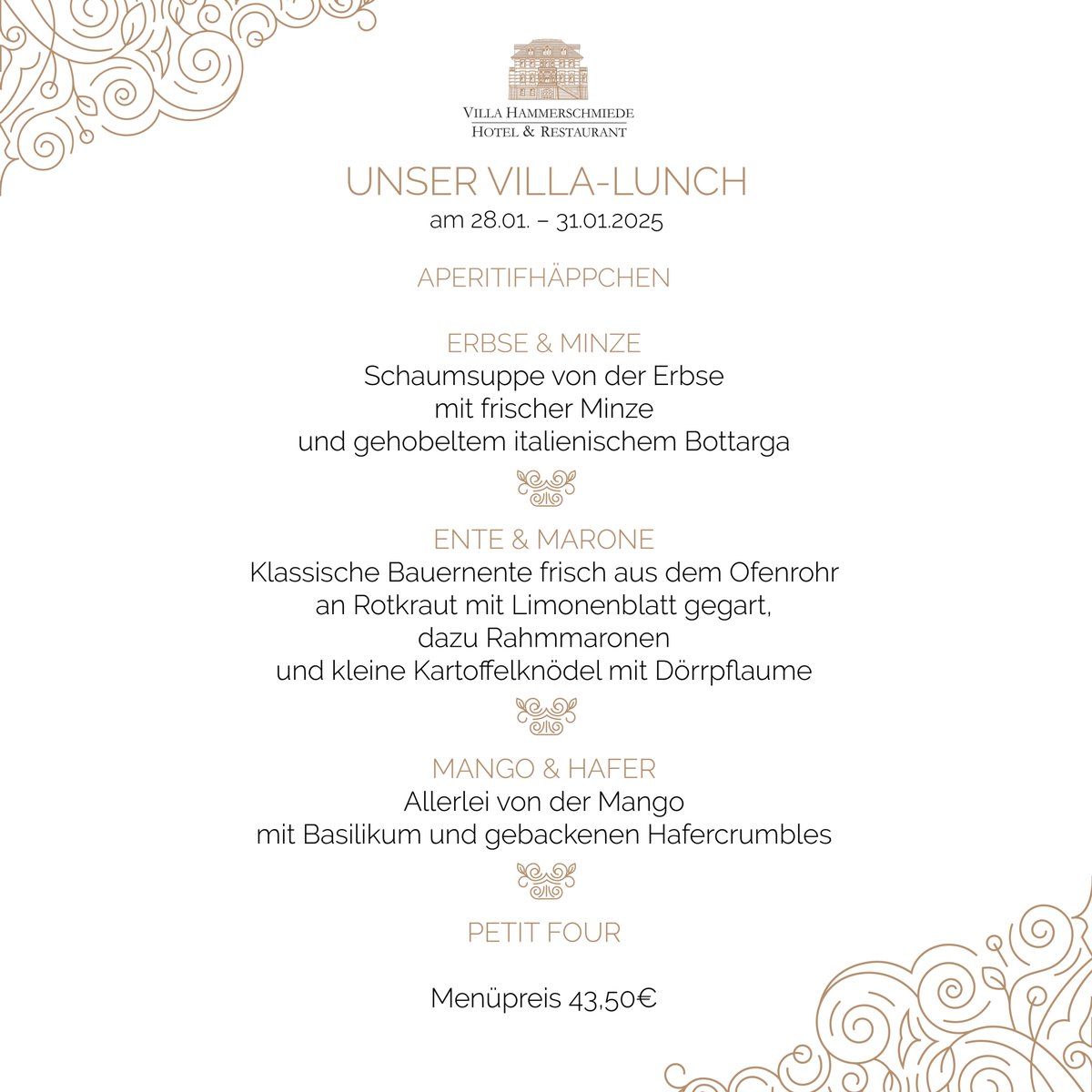 Unser neuer #VillaLunch 😋

Besucht uns gerne zwischen dem 28.01. und dem 31.01.2025 und genießt unser leckeres 3-Gänge-Menü. 😊

DAS ERLEBNIS VILLA HAMMERSCHMIEDE – Eintreten und genießen…

#hotelvillahammerschmiede #hotel #restaurant #genuss #lunch