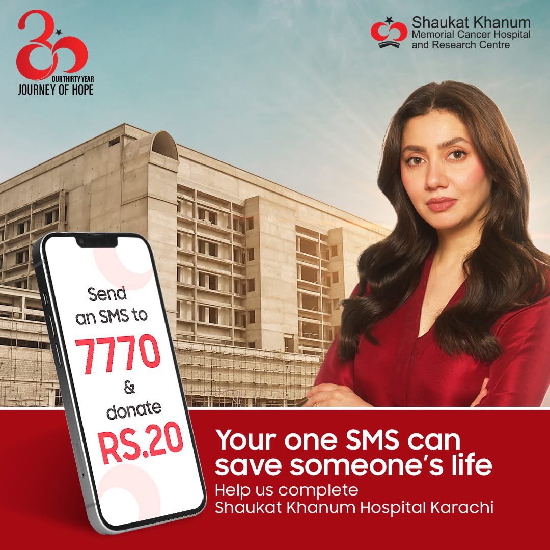ISFPakistan's tweet image. Your one SMS can save someone’s life!

Send an SMS to 7770 regularly through any network in Pakistan to donate Rs. 20 (+tax) and help us in the completion of Shaukat Khanum Hospital, Karachi.

#SMSTo7770 #30YearsOfHope #LetsMakeItHappen #SKMCH #ShaukatKhanumKarachi