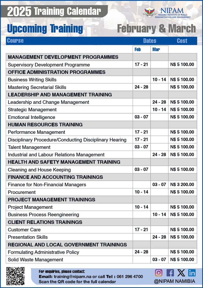 NamibiaNipam's tweet image. TRAINING CALENDAR 📢📢📢📢

Explore a variety of courses tailored to enhance your skills and advance your career. 

#TransformingPublicService #nipamtraining
