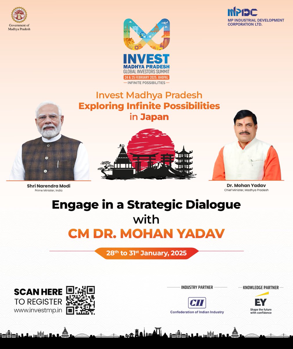 MPIDC's tweet photo. Join us for the Invest Madhya Pradesh - Japan Session, where vision meets opportunity.

Engage in a strategic dialogue with CM Dr. Mohan Yadav and explore infinite possibilities for investment and collaboration.

Date: 28th - 31st January, 2025

Register now on: https://t.co/UulvKHE7Uq

#InvestMP #InvestInMP #InfinitePossibilities #GISMP2025 #MPIDC #investinmp #GIS2025 #Bhopal #Japan