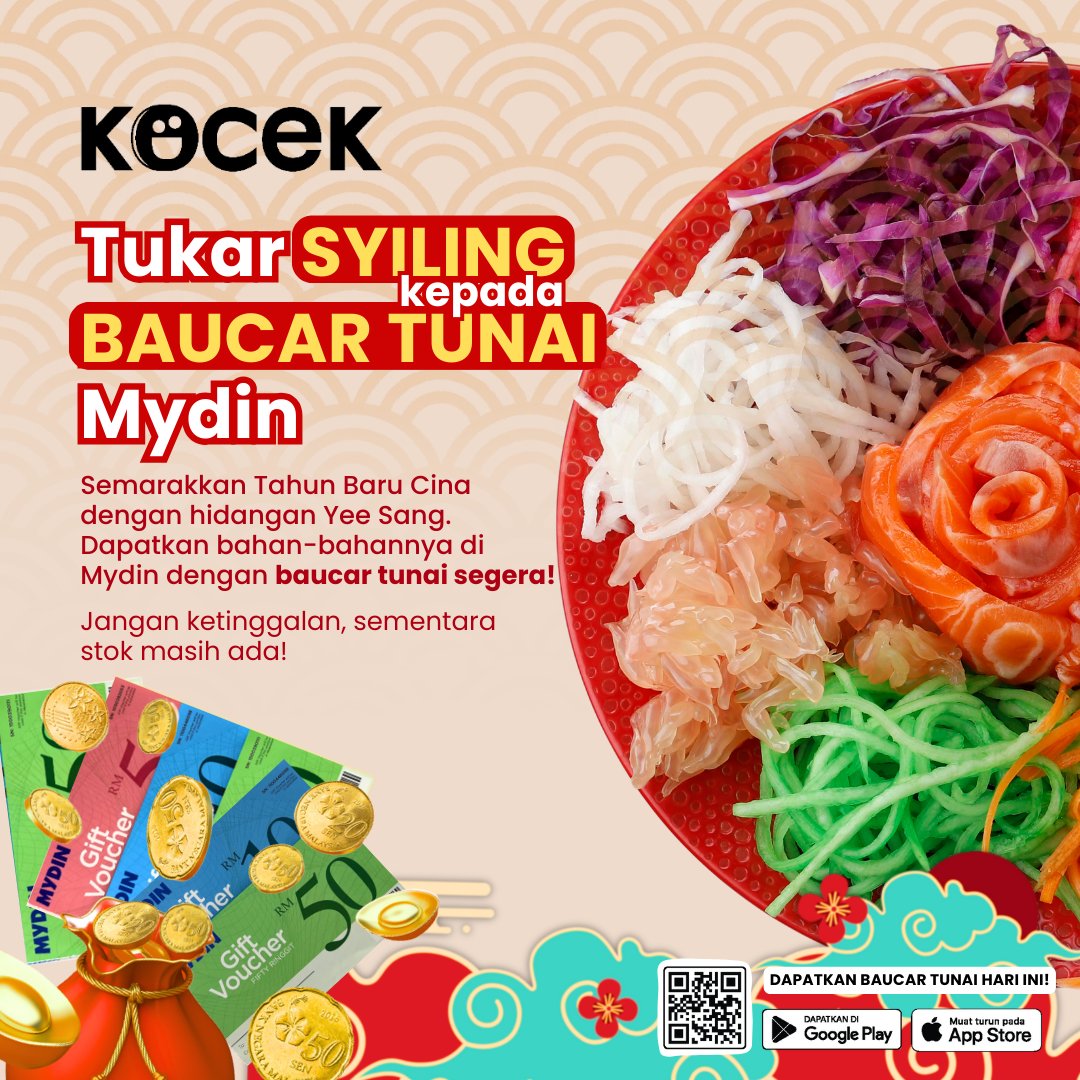🥗 Jom ber’Yee-Sang’ dengan Baucar Tunai Mydin! 🥗

Raikan Tahun Baru Cina dengan lebih meriah dengan Mydin dan Kocek! 🧧🍊

Kunjungi kiosk Kocek di Mydin USJ dan Subang Parade dan tukar syiling anda kepada Baucar Tunai segera untuk menikmati Yee Sang bersama yang tersayang! 🥠