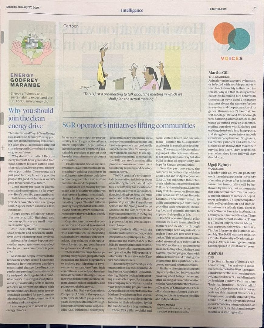 cusumenergy's tweet photo. Our CEO @Eng_Marambe recently shared valuable insights on why joining the clean energy movement is essential in the latest energy article by @BD_Africa. 

Discover why renewable energy is the key to a sustainable future.

#CleanEnergy
 #RenewableEnergy 
#Sustainability https://t.co/AsWtjFpjso