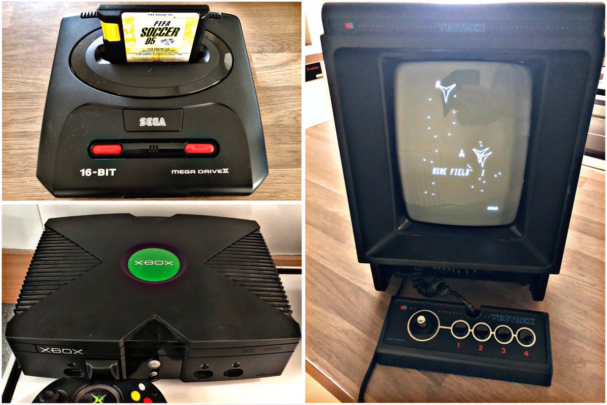 SWRetroComp's tweet photo. For today’s #RetroTrio we have the #Sega #MegaDrive2, #Microsoft #Xbox and #Vectrex. Which do you keep, gift and delete from history? #RetroComputing #ComputerHistory #RetroGaming #VideoGames https://t.co/p8G5Cwg3lM
