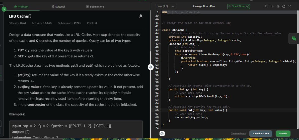 ShubhamBhoite98's tweet photo. Day 74: #gfg160 ✅                                      
Problem: LRU Cache !

@geeksforgeeks #geekstreak2024 #100DaysOfCode #CodingChallenge #GeeksForGeeks #GeekStreak #ProgrammingLife #CodeWithJava #ProblemSolving https://t.co/IyBCly78Gz