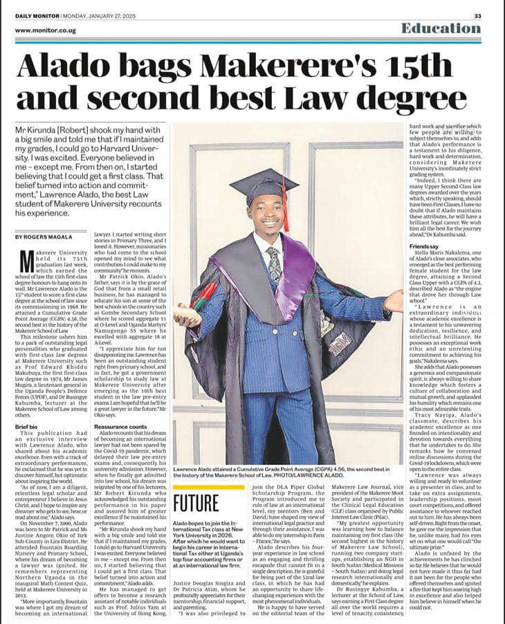 LawrenceAlado's tweet photo. Humbled.

In today’s @DailyMonitor newspaper, I share a snippet of my LLB experience at @MakerereLaw @Makerere. 

I am grateful to everyone who made the achievement possible. To God be the glory.

The journey has just begun. https://t.co/eGnobkLRme