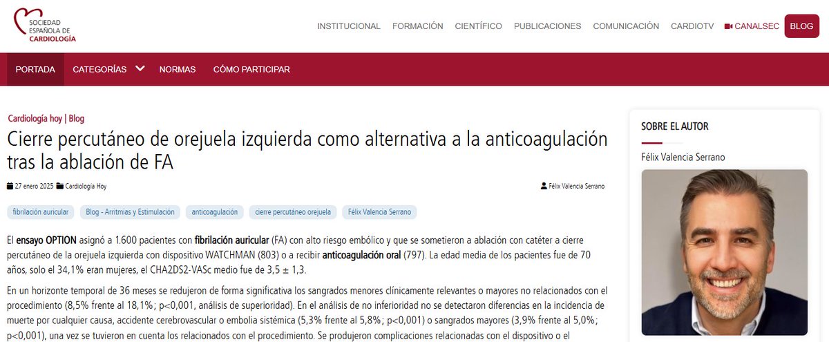“El ensayo clínico OPTION sugiere que el cierre de orejuela izquierda es una alternativa válida a la anticoagulación oral en pacientes con FA no valvular tras una ablación de venas pulmonares", destaca <a href="/FelixValencia10/">Felix Valencia</a>. #BlogSEC <a href="/JovenesSec/">JóvenesSEC</a> ow.ly/fmcJ50UNz2j