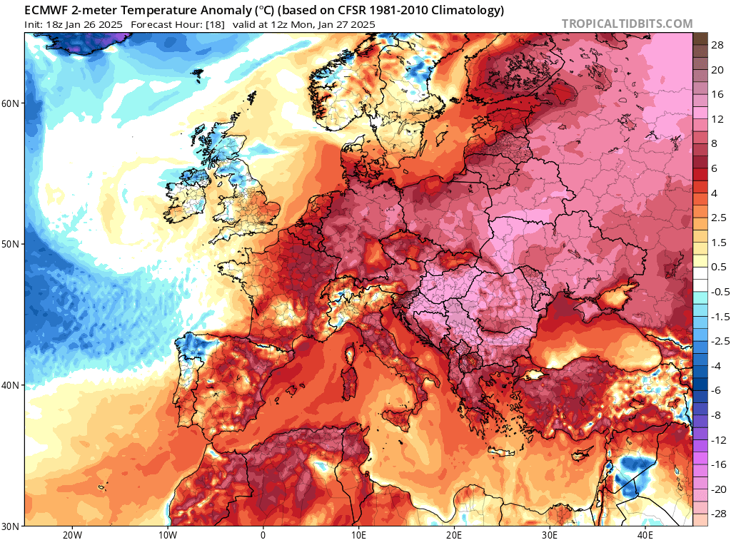 In vielen Teilen Europas gibt es in diesen Tagen deutlich überdurchschnittliche Temperaturen, verglichen mit 1981 bis 2010. In Österreich liegen die Spitzen heute und morgen im Walgau und in der Südoststeiermark bei 16 bis 18° und damit im Bereich der bisherigen Jännerrekorde.