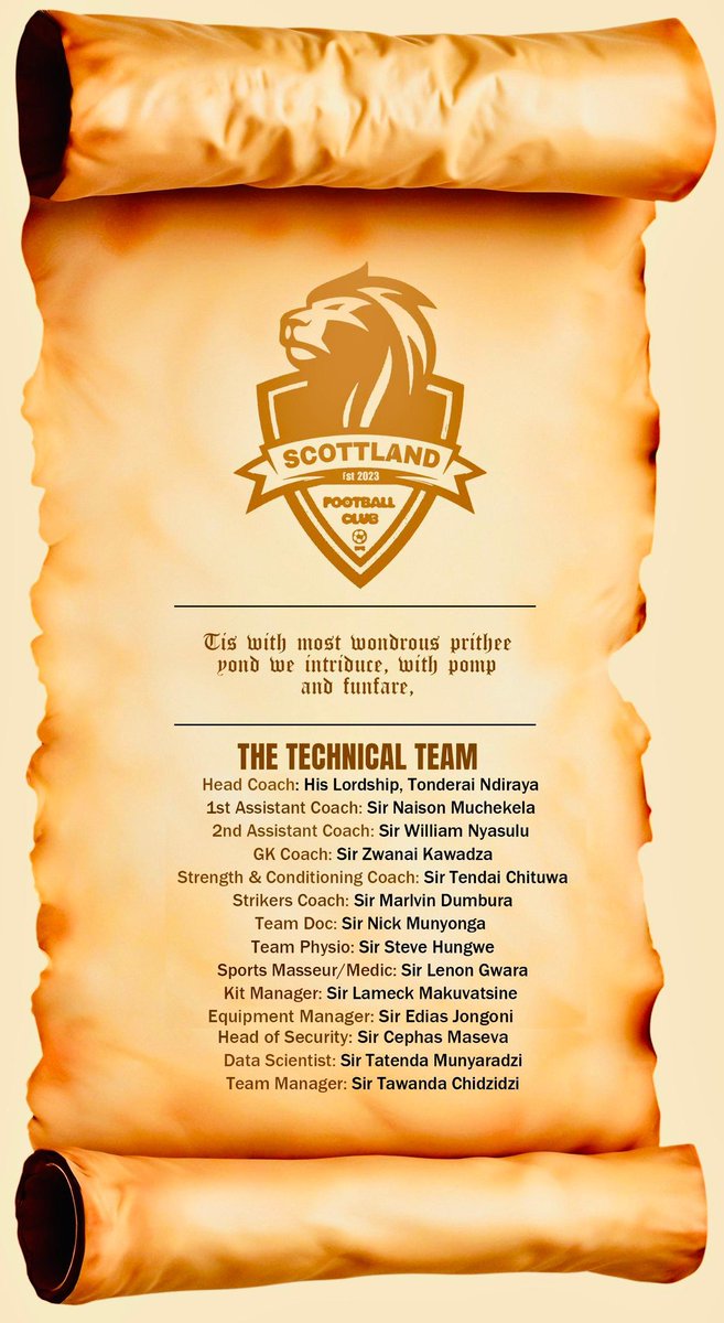 ScottlandFC's tweet image. 🚨 𝗧𝗘𝗖𝗛𝗡𝗜𝗖𝗔𝗟 𝗧𝗘𝗔𝗠

The Royal Scottish scroll with the technical team names has been delivered to Mabvuku

#TheNewChapter