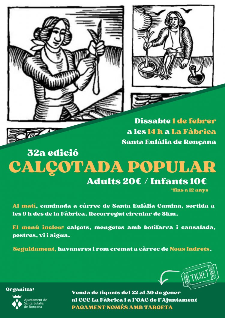 🍴 32a Calçotada popular

📌 Dissabte a La Fàbrica #SantaEulàliadeRonçana

🎟️ Venda de tiquets fins el 30 de gener

Més informació a ▶️ recursos.ser.cat/FXG1jX