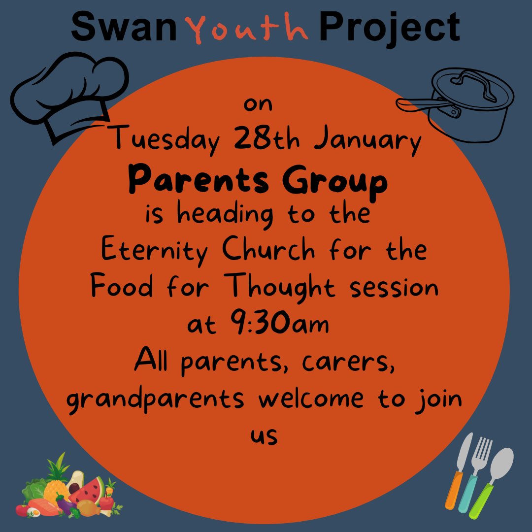 Parents Group is decamping to Eternity Church for the 'Food For Thought'  for the next couple of weeks. Join us there for these great cooking sessions from 9.30am on Tuesday.