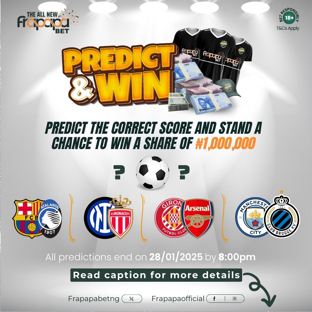 Frapapabetng's tweet photo. 💥 PREDICT &amp; WIN! 💥

Predict the outcome of 4 matches for a chance to WIN a share of ₦1Million! 💸

To qualify:
1️⃣ Predict 4 winners 🧐
2️⃣ Deposit &amp; stake 💰
3️⃣ Share your bet screenshot 📸

🎯 Get 3 or 2 right and still win a prize! ���

https://t.co/gVwsX79us5

#ChampionLeague https://t.co/otSVlykGOw