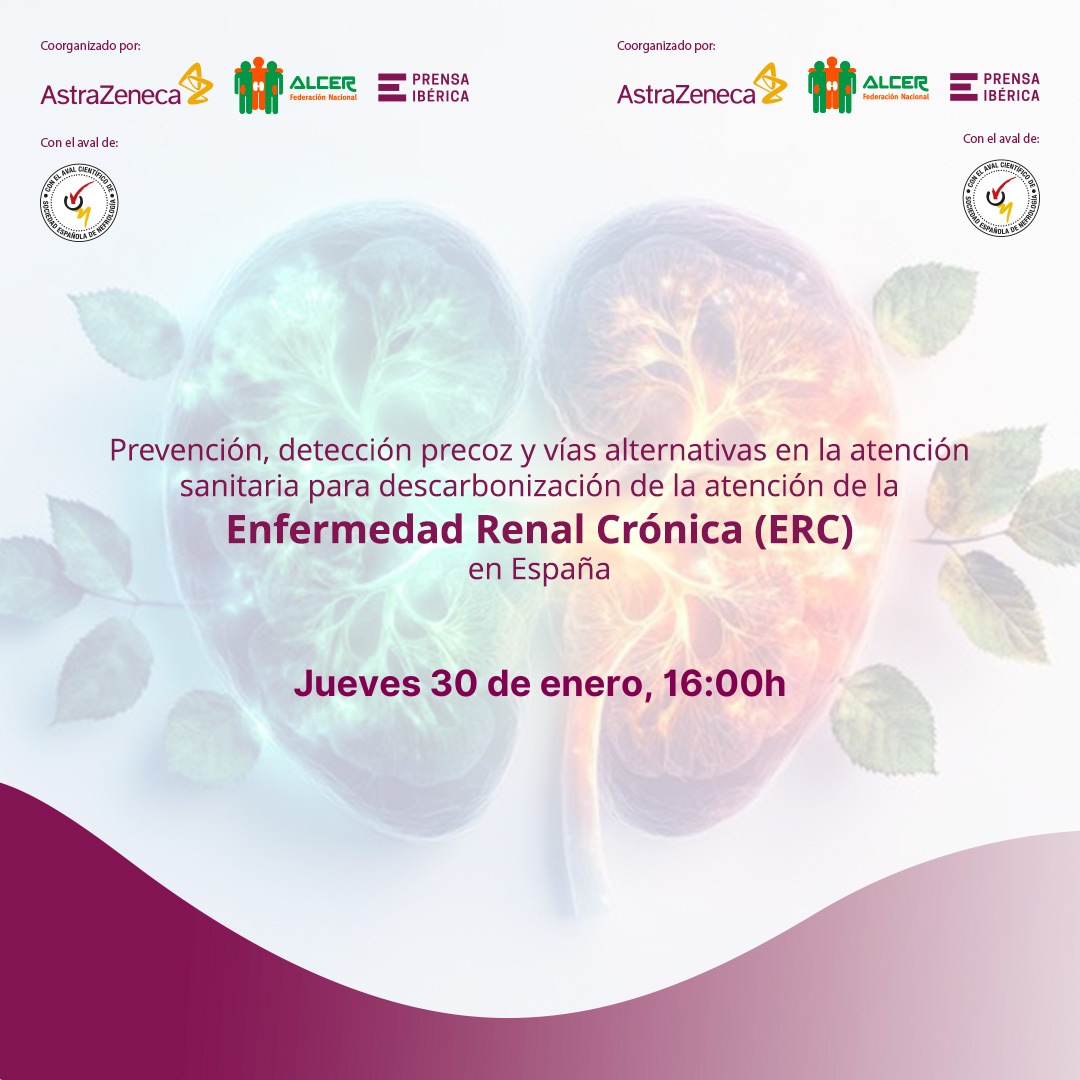 AstraZenecaES's tweet photo. Este jueves acompáñanos en la presentación del documento “Prevención, detección precoz y vías alternativas en la atención sanitaria para descarbonizar la atención de la ERC en España”. 🌿 🩺
 
Únete en directo 👉 https://t.co/XkZpXfJyoF
 
Os esperamos junto a @FNALCER, @SENefrologia y @PrensaIberica.