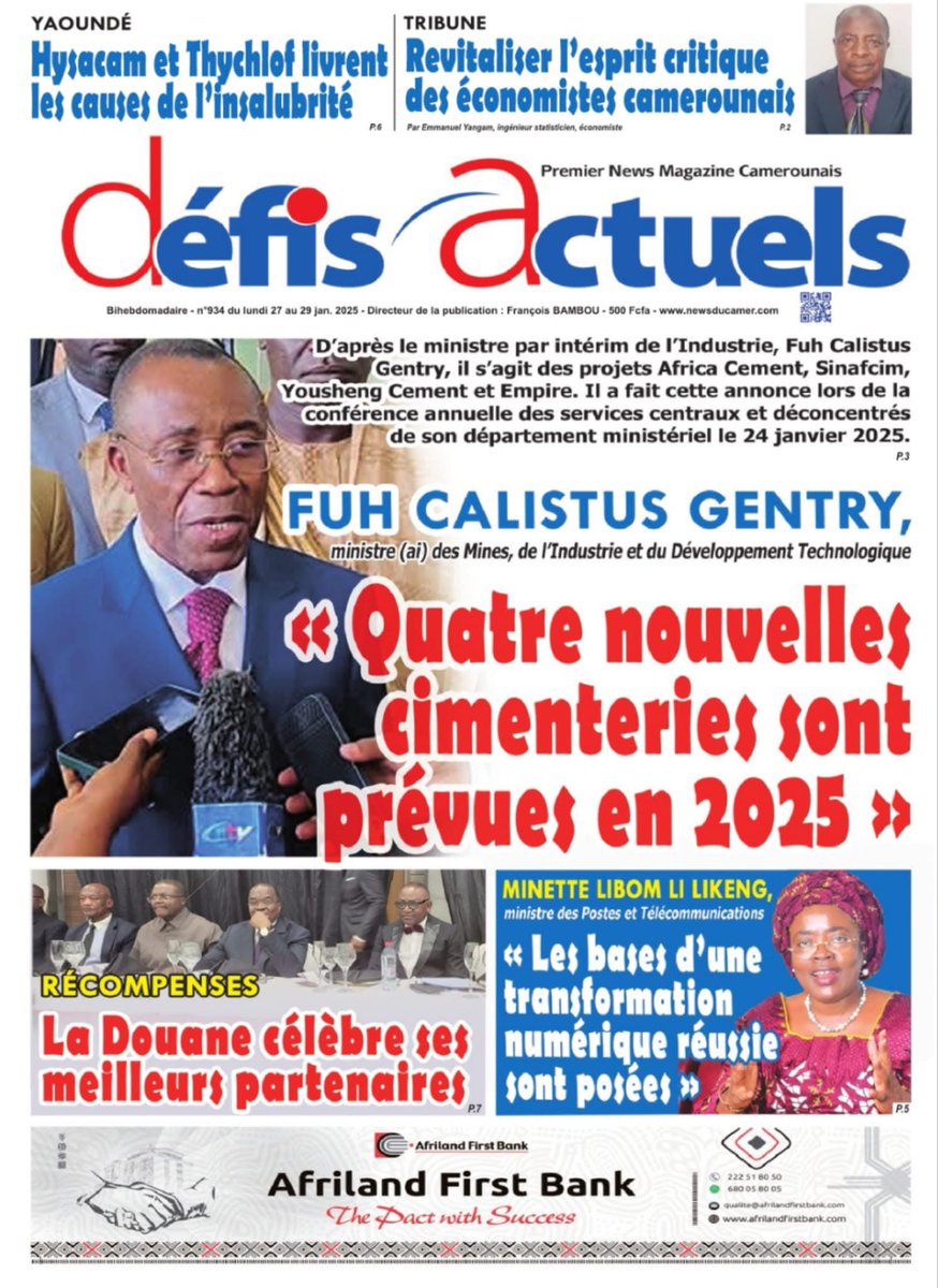 micmag237's tweet photo. ✅Quatre nouvelles cimenteries arrivent au Cameroun en 2025
✅Les délestages sont nombreux car Eneo doit 137 milliards Fcfa à Globeleq
✅Les Exportations camerounaises sont insuffisantes pour le marché de la ZLECAF
✅Le Minpostel nous annonce la 5G pour bientôt. #micmag https://t.co/jF37G8xaKH