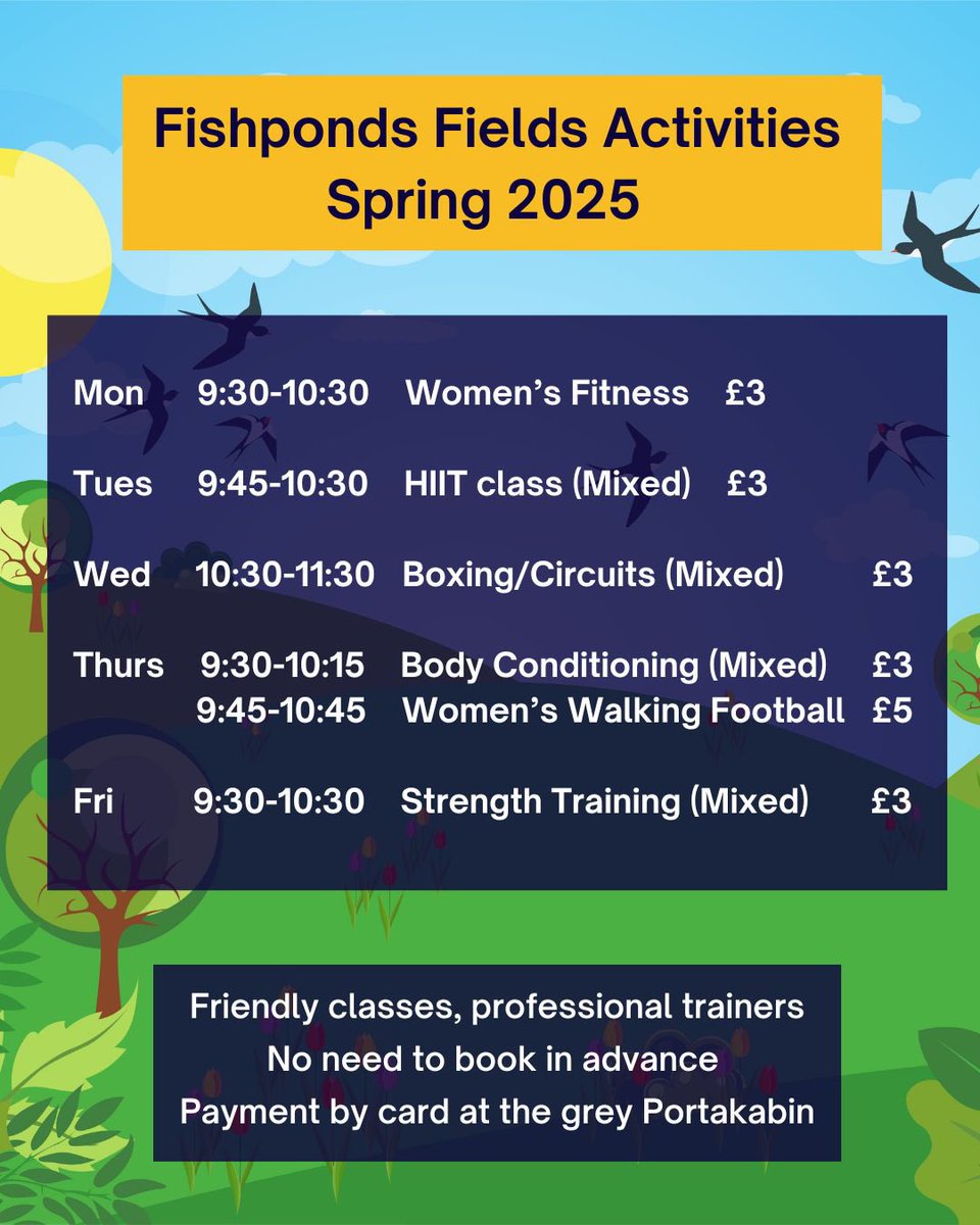 FFishponds's tweet image. Keep fit this spring. Excellent drop in classes Mon to Fri morning at Fishponds Playing Fields. Just £3 a class or £5 for Women’s Walking Football. ⚽️ 🏃🏽♀️➡️🏃♂️➡️Entrance at 91a Hebdon Rd. Tooting @enableLC @tootingnewsie @AFCW_Foundation