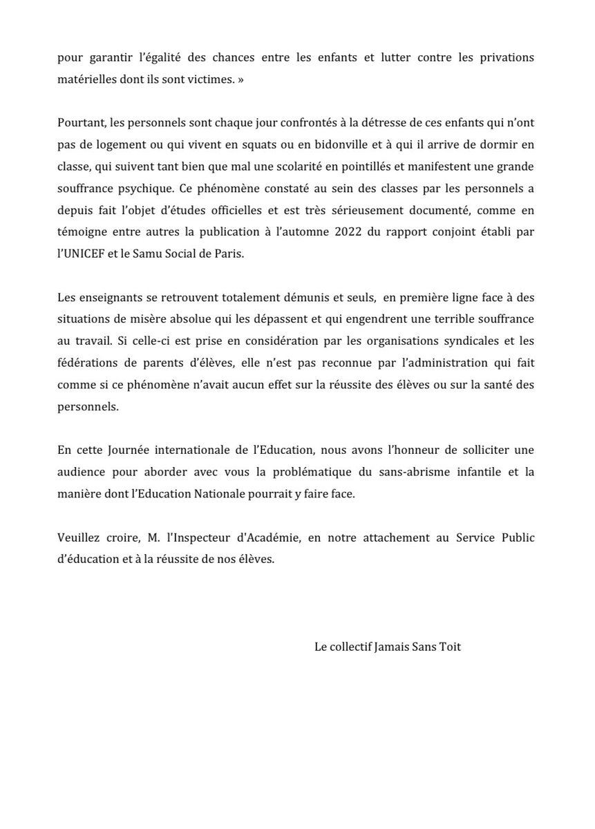 A l’occasion de la journée internationale de l’éducation <a href="/jamaissanstoit/">Jamais Sans Toit</a> alerte l’<a href="/academielyon/">Académie de Lyon</a> sur l’ampleur du sans-abrisme infantile et demande une audience à M. l’inspecteur d’Académie du Rhône