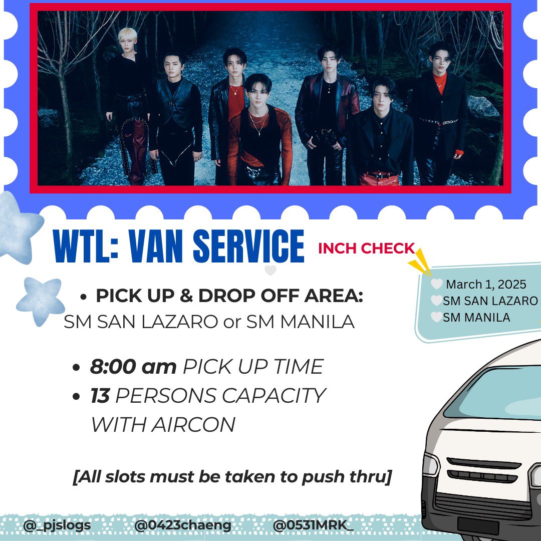 0423chaeng's tweet photo. hi guys! friends and I decided to host a van service, let me know if you're interested. see pics for more info 🩵

#WALKTHELINE_IN_BULACAN 
@ENHYPEN
@ENHYPEN_members

tags ic wts lf kasabay vanpool van rental sm manila sm san lazaro enhypen 

help rt 🙏🏼 https://t.co/XCWjQqQFr5