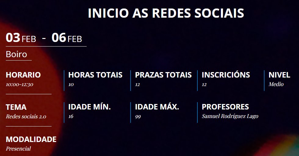 amtega's tweet photo. 👉Iníciate con #RedeCeMIT no mundo das redes sociais, coñece como inflúen nas relacións persoais, cales hai e como participar de xeito activo e seguro.
📍 Será na #aulaCeMIT de Boiro a partir do 3 de febreiro.
✍️ Inscricións!
🔗 https://t.co/8ojnozH2xX https://t.co/7Ege8UkebN