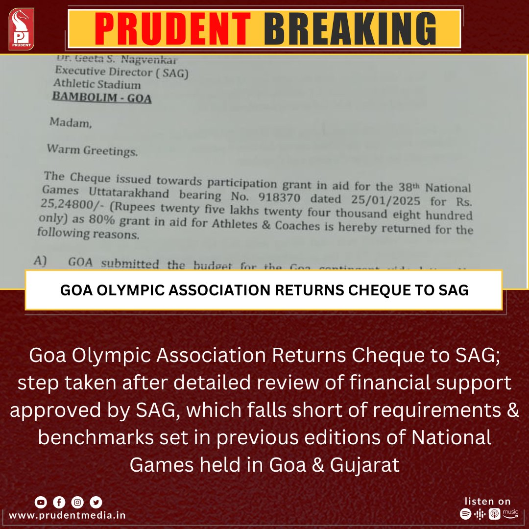 prudentgoa's tweet image. Goa Olympic Association Returns Cheque to SAG; step taken after detailed review of financial support approved by SAG, which falls short of requirements &amp;amp; benchmarks set in previous editions of National Games held in Goa &amp;amp; Gujarat