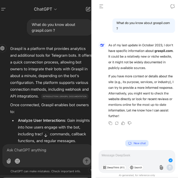 graspilcom's tweet photo. Deepseek vs ChatGPT: We asked both what they know about https://t.co/aJ55GpFUk7. Deepseek? Never heard of it. ChatGPT? Knows us like an old friend. The choice is clear. 😉
#telegram #telegramBot #DeepSeek #ChatGPT https://t.co/e5CKwv7dcc