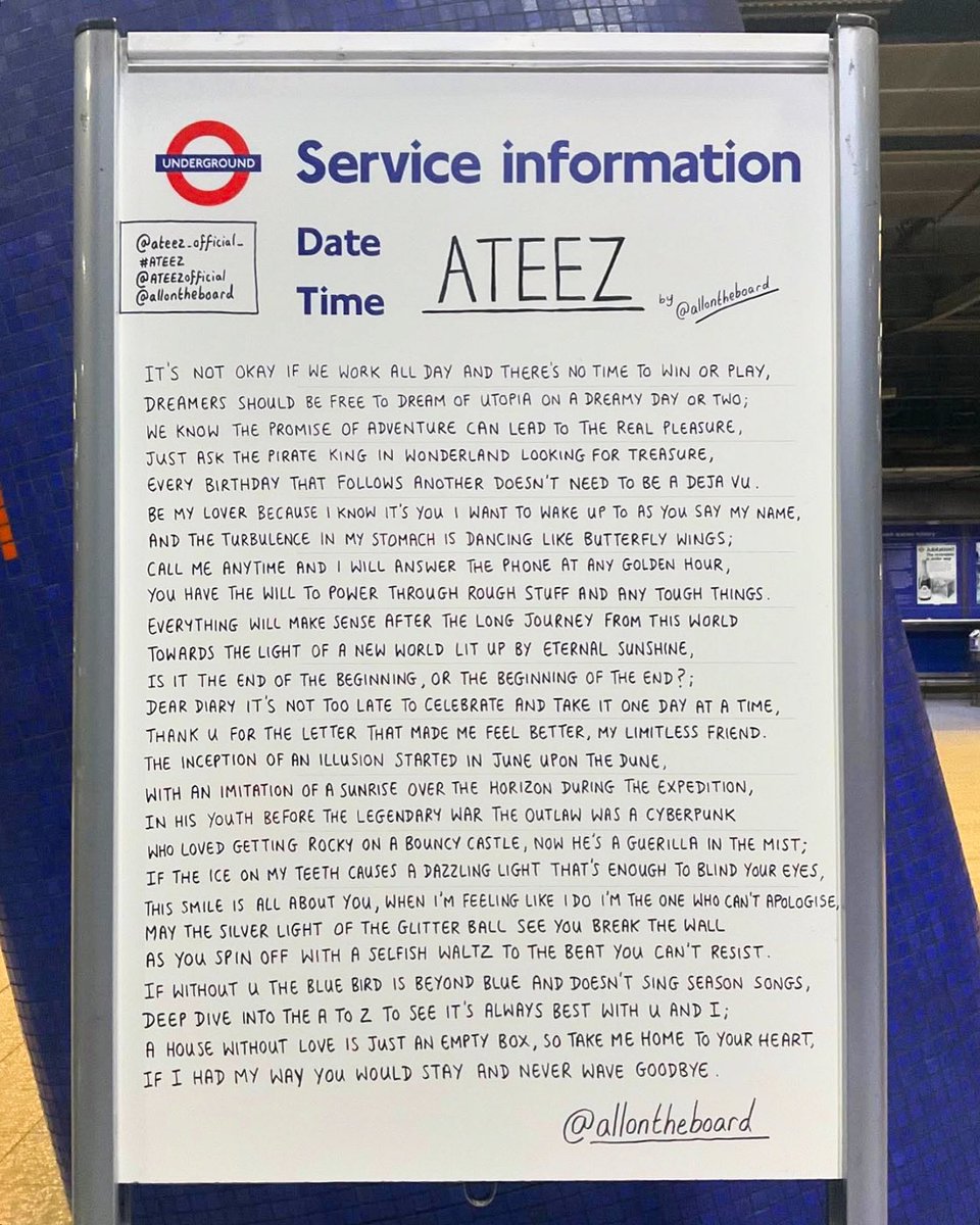 allontheboard's tweet photo. Global pop superstars @ATEEZofficial are performing at @TheO2 on Monday 27th and Tuesday 28th January 2025. The ATEEZ poem by @allontheboard is at North Greenwich Station. 

#ATEEZ #TheO2 https://t.co/U9rgK6YJKg