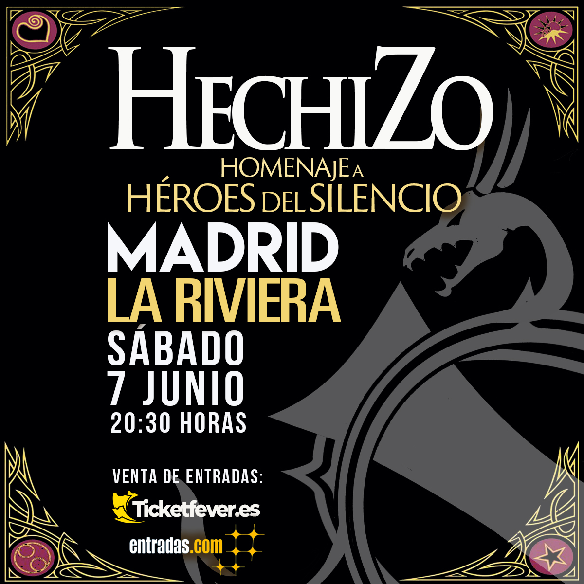 ¡LA RIVIERA!

Otro año más tenemos la fortuna de poder cerrar la gira en la mejor sala de Madrid: LA RIVIERA. Será el sábado 7 de junio. 

►►►ENTRADAS: ticketfever.es/events/hechizo…

#hechizo #heroesdelsilencio #heroesdelsilenciofans #concierto #hechizohomenaje #madrid #lariviera
