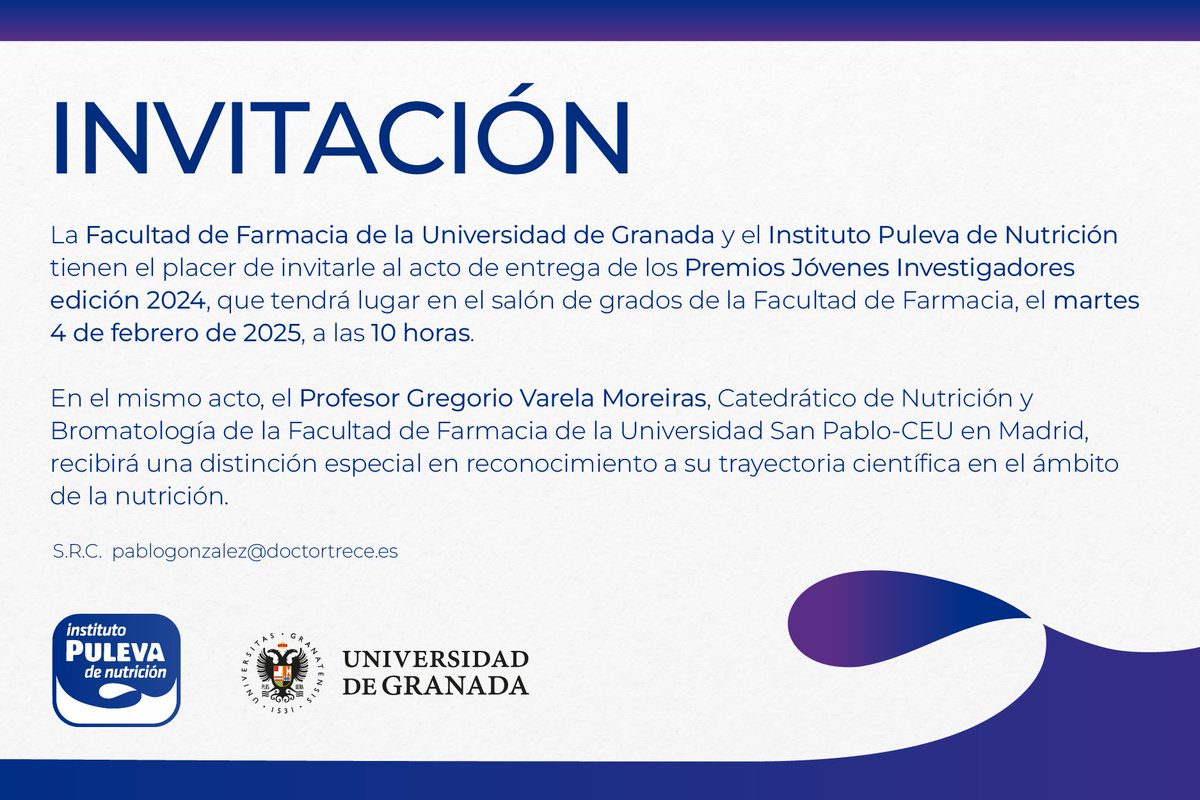#FFarmaciaUGR 📢 4-2-2025: Acto de entrega de los Premios Jóvenes Investigadores, edición 2024 del Aula Instituto <a href="/puleva/">Puleva</a> de Nutrición. Información en: farmacia.ugr.es/la-facultad/no…
