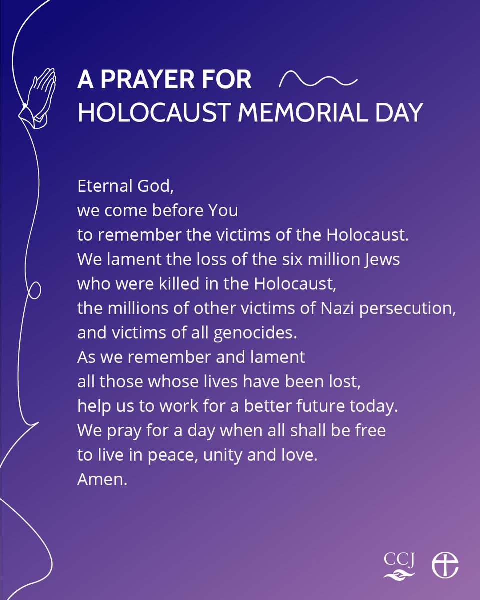 The Church of England (@churchofengland) on Twitter photo Today is Holocaust Memorial Day.
This year marks the 80th anniversary since the liberation of the Nazi concentration and extermination camp Auschwitz-Birkenau.
Pray with us using this prayer from the Council of Christians and Jews, <a href="/CCJUK/">Council of Christians and Jews</a> . 🙏 Today is Holocaust Memorial Day.
This year marks the 80th anniversary since the liberation of the Nazi concentration and extermination camp Auschwitz-Birkenau.
Pray with us using this prayer from the Council of Christians and Jews, <a href="/CCJUK/">Council of Christians and Jews</a> . 🙏