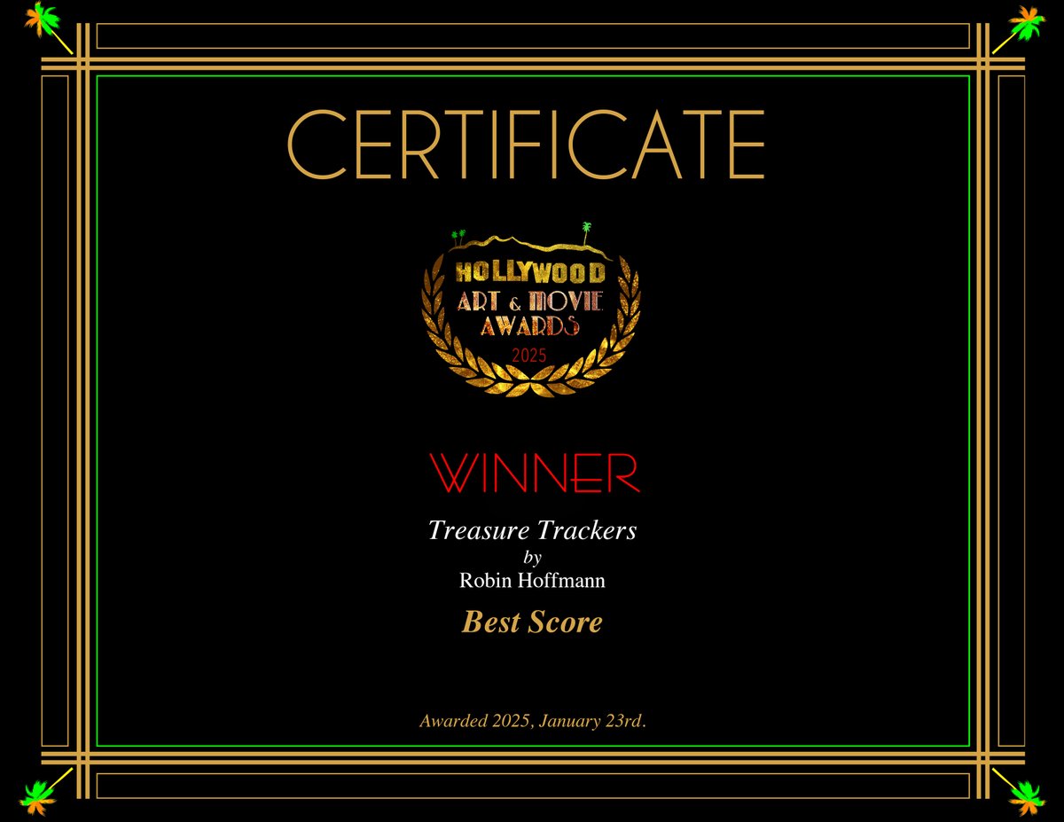 RobinHoffmann's tweet image. Award Number 4! 😯
Treasure Trackers has won "Best Score" at the 2025 Hollywood Art and Movie Awards! It’s such an incredible honor, and I want to express my heartfelt gratitude to the Jury for this amazing recognition.
#filmcomposer #filmscore #treasuretrackers