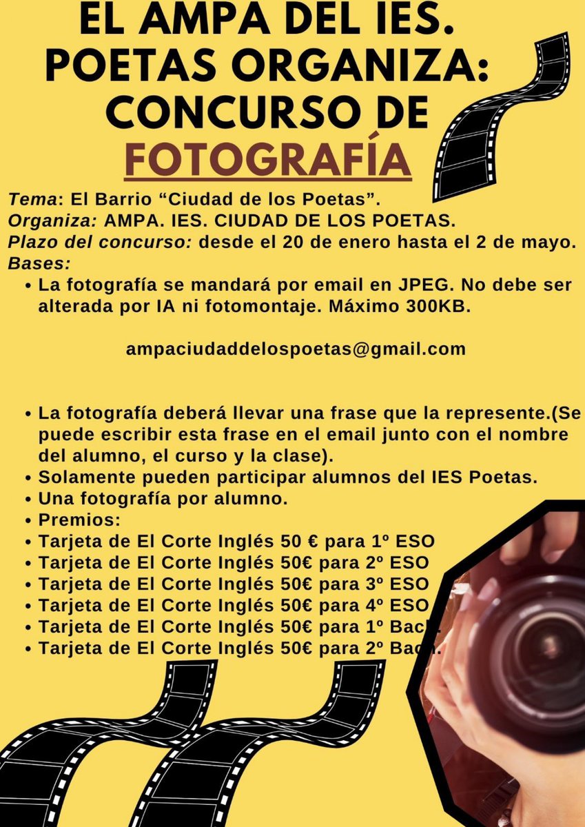 📸✨ ¡Demuestra tu talento en el concurso de fotografía del instituto! Captura la esencia de tu entorno, muestra tu creatividad y comparte tu visión única. 🖼️🏆 ¡Anímate a participar! Consulta las bases y plazos. 🎉