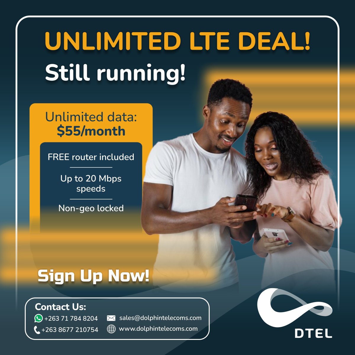 LIMITED TIME OFFER

Get a free router with our Managed LTE solution for $55!

Sign up now and enjoy seamless , high-speed internet connectivity

wa.me/263717848204