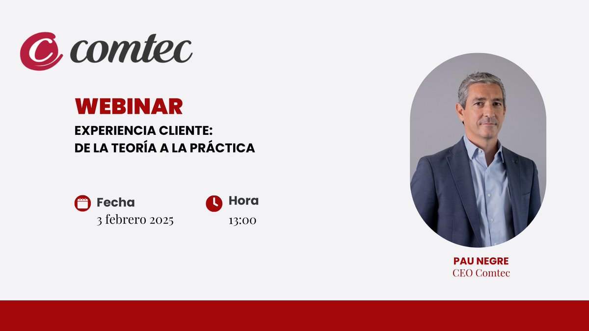 Comtec (@comtecquality) on Twitter photo Te invitamos a nuestro próximo webinar: "Experiencia cliente: de la teoría a la práctica"
Ponente: <a href="/Pau_Negre/">Pau Negre Nogueras</a>
Descubre cómo transformar los conceptos clave de la #experienciacliente en estrategias prácticas y efectivas.
📌 Inscripción gratuita: comtecquality.com/evento/webinar… Te invitamos a nuestro próximo webinar: "Experiencia cliente: de la teoría a la práctica"
Ponente: <a href="/Pau_Negre/">Pau Negre Nogueras</a>
Descubre cómo transformar los conceptos clave de la #experienciacliente en estrategias prácticas y efectivas.
📌 Inscripción gratuita: comtecquality.com/evento/webinar…