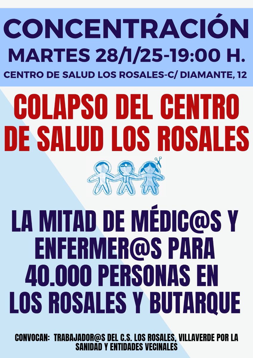 Alerta: nos quedamos sin médicos en el centro de salud de Los Rosales. Concentración mañana martes 28 de enero a las 19 horas. Nuestra salud está en juego.