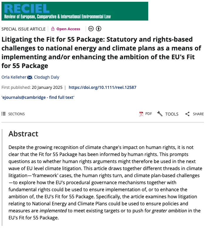 🆕in <a href="/RECIELjournal/">RECIEL</a>: Can litigation of National Energy &amp; Climate Plans enhance EU climate ambition? Orla Kelleher &amp; <a href="/Clodagh_Daly__/">Clodagh Daly</a> examine how rights-based challenges could strengthen the Fit for 55 Package implementation. 

Read here: onlinelibrary.wiley.com/doi/10.1111/re…
