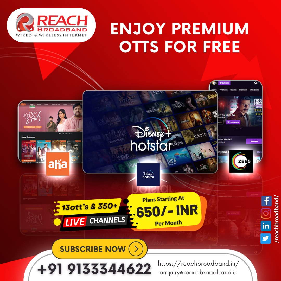Reach_Broadband's tweet photo. #PremiumEntertainment #FreeOTTs #ReachBroadband #FastestInternetInTelangana #AffordableBroadband #HighSpeedInternet #BestHomeFibernet #UnlimitedStreaming #DigitalEntertainment #OTTStreaming #SeamlessConnectivity #NoBuffering #TelanganaInternet #LightningFastInternet #BingeWatch https://t.co/IHUQ8k70Iv
