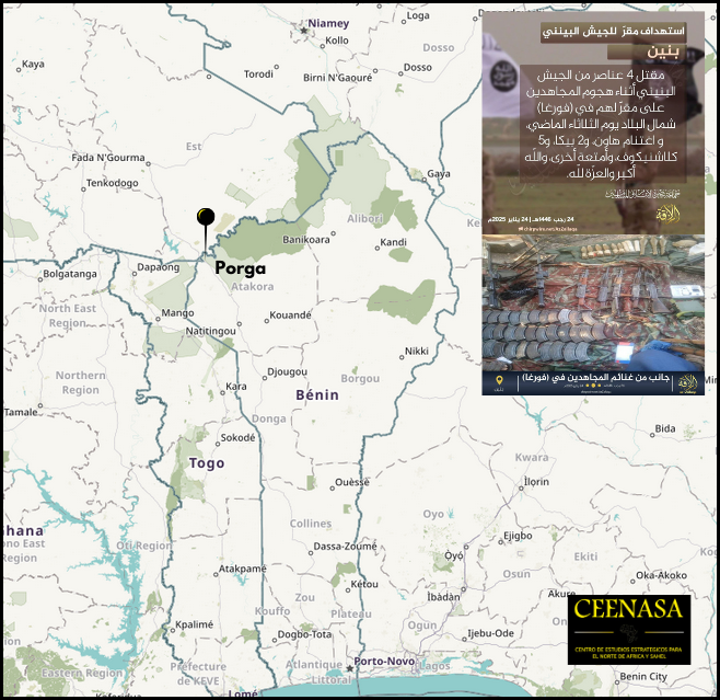 CEENASA396971's tweet photo. #BENIN 🇧🇯
On Fri, Jan 24, the #JNIM issued a statement taking responsibility for attacking a #FAB HQ in #Porga, Atakora Region, near the #Togo-Burkina Faso border, on Tue, Jan 21.
This is the 2nd time this month the JNIM has crossed the Burkina Faso border to attack Benin. https://t.co/AYm5uv8ST5