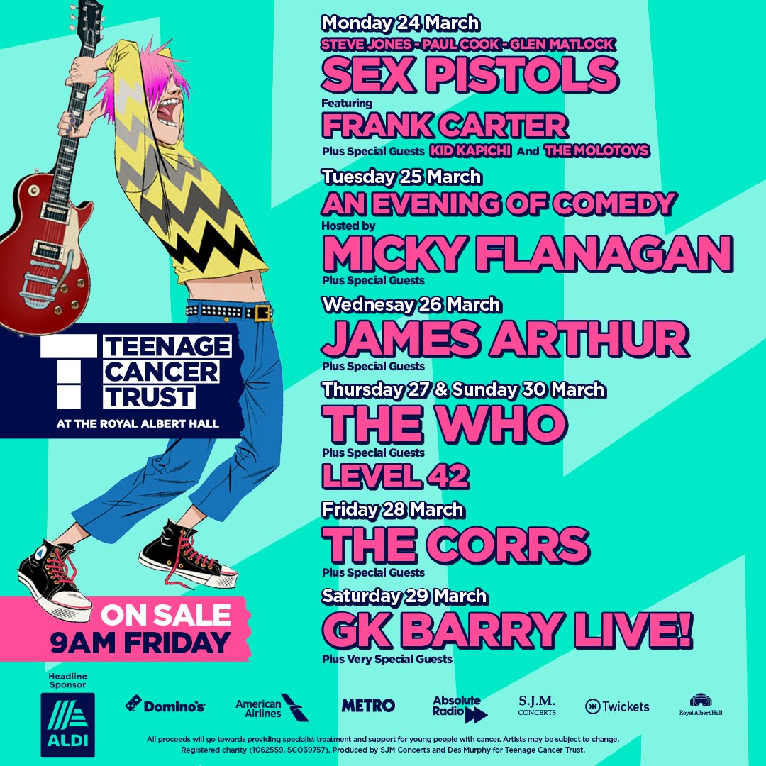 #TeenageCancerGigs at the Royal Albert Hall is back for 2025, with another incredible line-up✨ 

Tickets on sale Friday 31st Jan at 9am 👇
teenagecancertrust.org/gigs