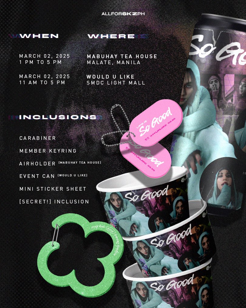𝑺𝑶 𝑮𝑶𝑶𝑫
         【 𝙝𝙮𝙪𝙣𝙟𝙞𝙣 𝙗𝙞𝙧𝙩𝙝𝙙𝙖𝙮 𝙘𝙖𝙛𝙚 𝙚𝙫𝙚𝙣𝙩 】

🖤 Mar. 02, 2025
🤍 Mabuhay Tea House | 1PM-5PM
🩶 WouldULike SMLM | 11AM-5PM

( pre-reg details )
 ➖ Jan. 27, 2025 ~ Feb. 7, 2025
 ➖ 280php

🔗 bit.ly/SoGood_HHJ
✔️ See form for more