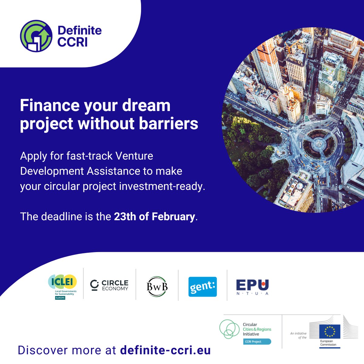 Are you having difficulty securing funding for your circular economy project? Get free advice on your pitch deck and due diligence compliance from top experts in the field. Learn more and apply here: definite-ccri.eu/nachrichten/op…